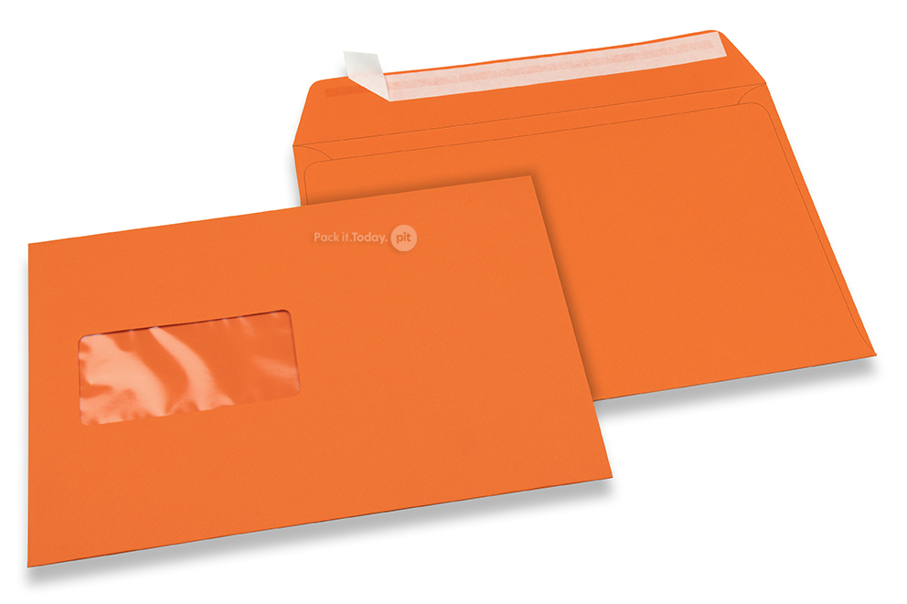 Orange, Fensterkuverts farbig, 162 x 229 mm (A5), Fenster links, Fensterformat 45 x 90 mm, Fensterposition 20 mm von links / 60 mm von unten, Haftklebeverschluss, 120 gr farbiges Papier