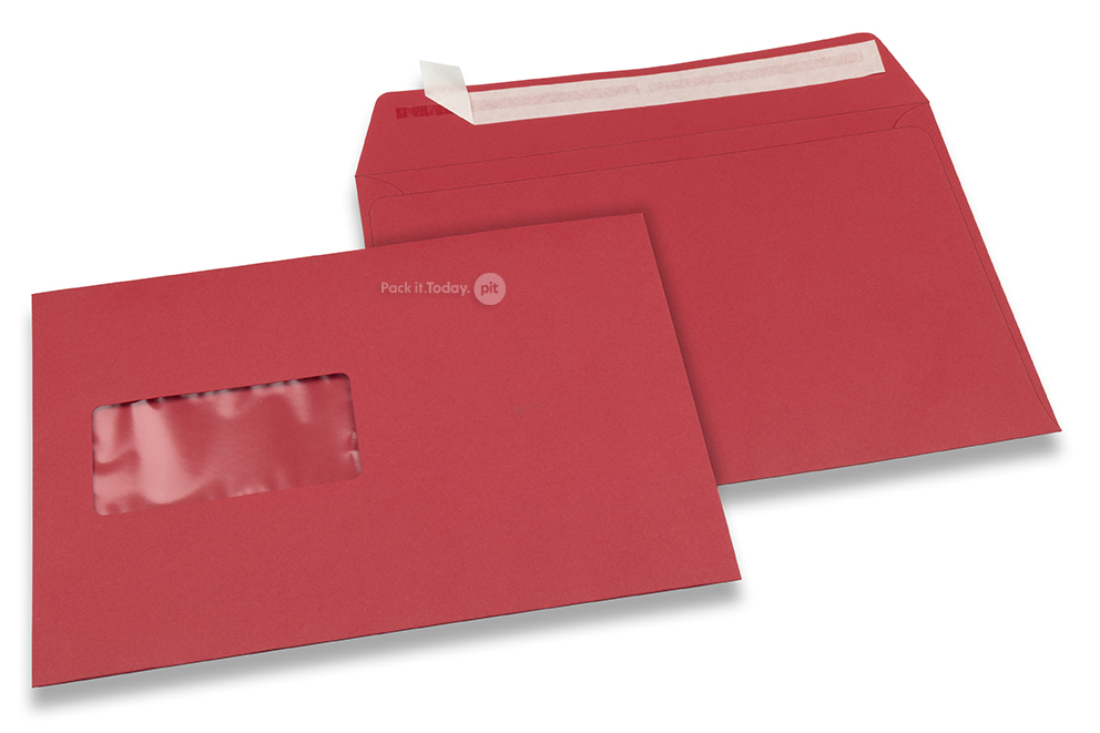 Rot, Fensterkuverts farbig, 162 x 229 mm (A5), Fenster links, Fensterformat 45 x 90 mm, Fensterposition 20 mm von links / 60 mm von unten, Haftklebeverschluss, 120 gr farbiges Papier