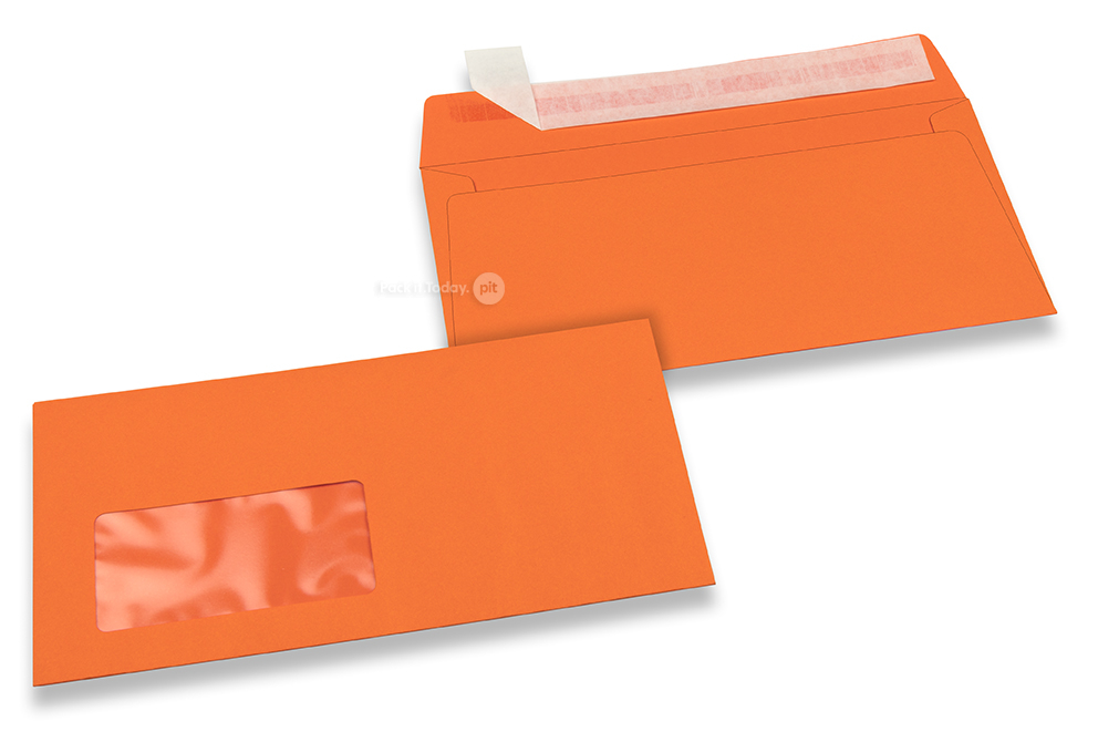 Orange, Fensterkuverts farbig, 110 x 220 mm (DL), Fenster links, Fensterformat 45 x 90 mm, Fensterposition 20 mm von links / 15 mm von unten, Haftklebeverschluss, 120 gr farbiges 