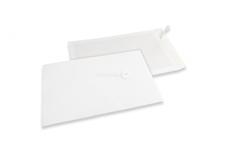 Papprückwandtaschen - 310 x 440 mm, 120 Gramm weiße Kraft-Vorderseite, 450 Gramm weiße Duplex-Rückseite, Haftklebeverschluß