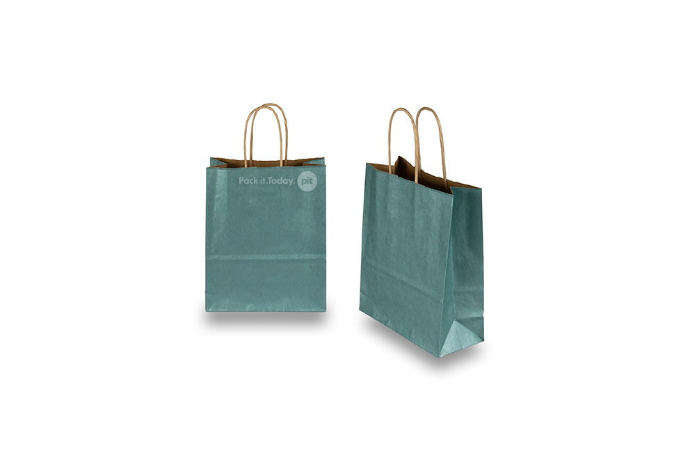 Tragetaschen aus Papier mit gedrehten Papierkordeln - petrol metallic, 180 x 80 x 220 mm, 90 Gramm