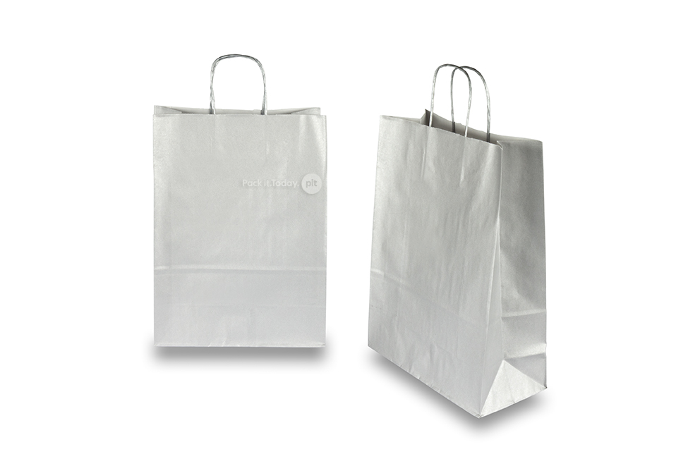 Tragetaschen aus Papier mit gedrehten Papierkordeln - silber, 260 x 120 x 350 mm, 90 Gramm