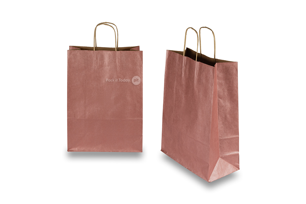 Tragetaschen aus Papier mit gedrehten Papierkordeln - rot metallic, 260 x 120 x 350 mm, 90 Gramm