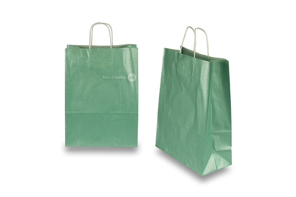 Tragetaschen aus Papier mit gedrehten Papierkordeln - grün metallic, 260 x 120 x 350 mm, 90 Gramm